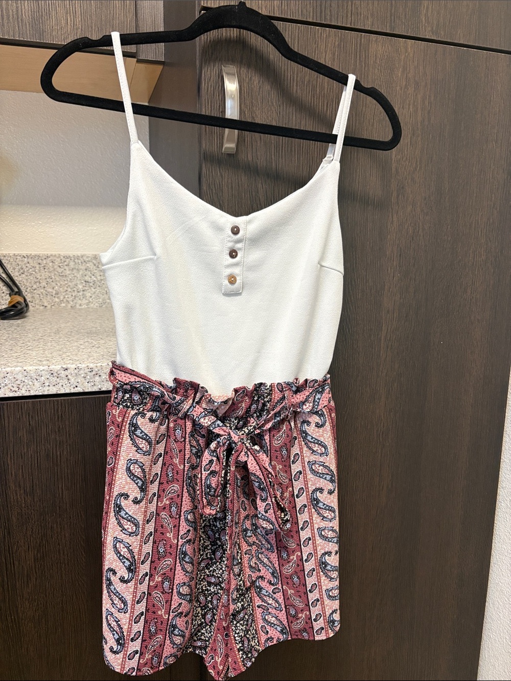 White Tank Top with Pink Paisley Tie-Waist romper